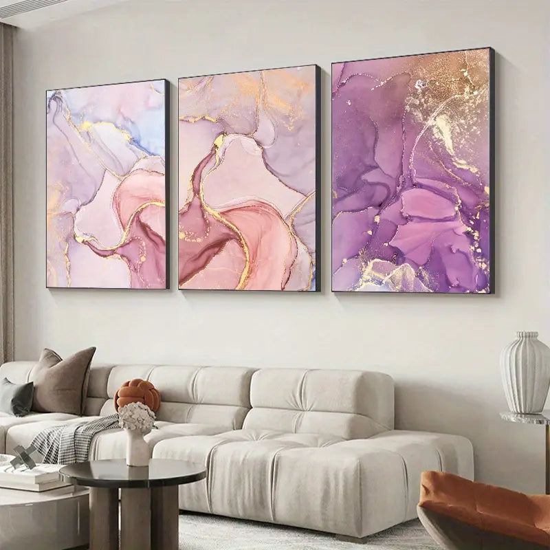 3 Pieces Pink Purple Golden Marble Wall Posters
