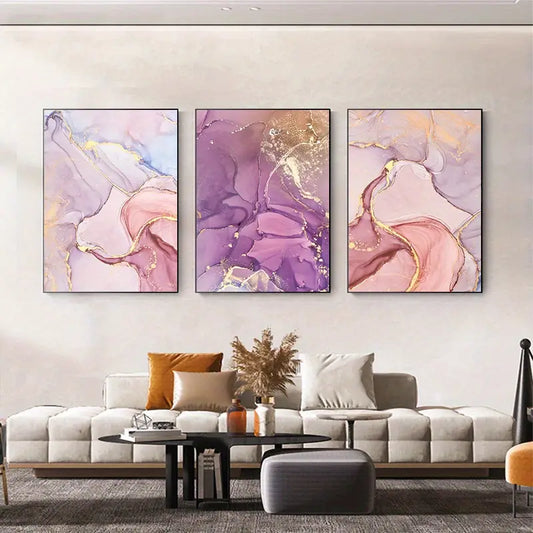 3 Pieces Pink Purple Golden Marble Wall Posters